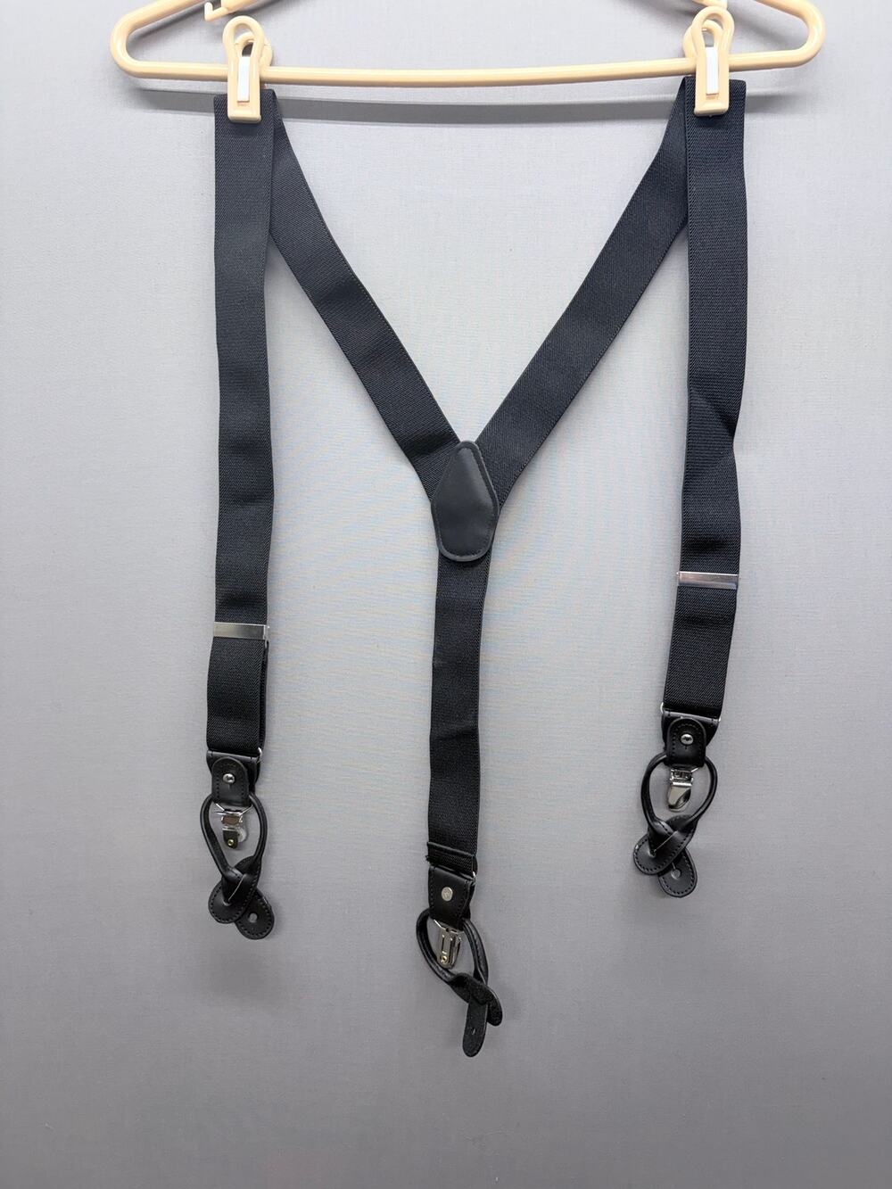 Mens Black Suspenders Y Back Adjustable Dual Attachment Metal Clips Button Loops